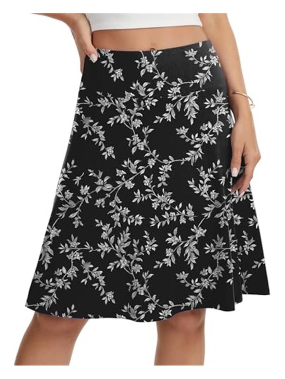 VIISHOW Black Floral A-Line Skater Skirt High Waisted Knee Length Skirt